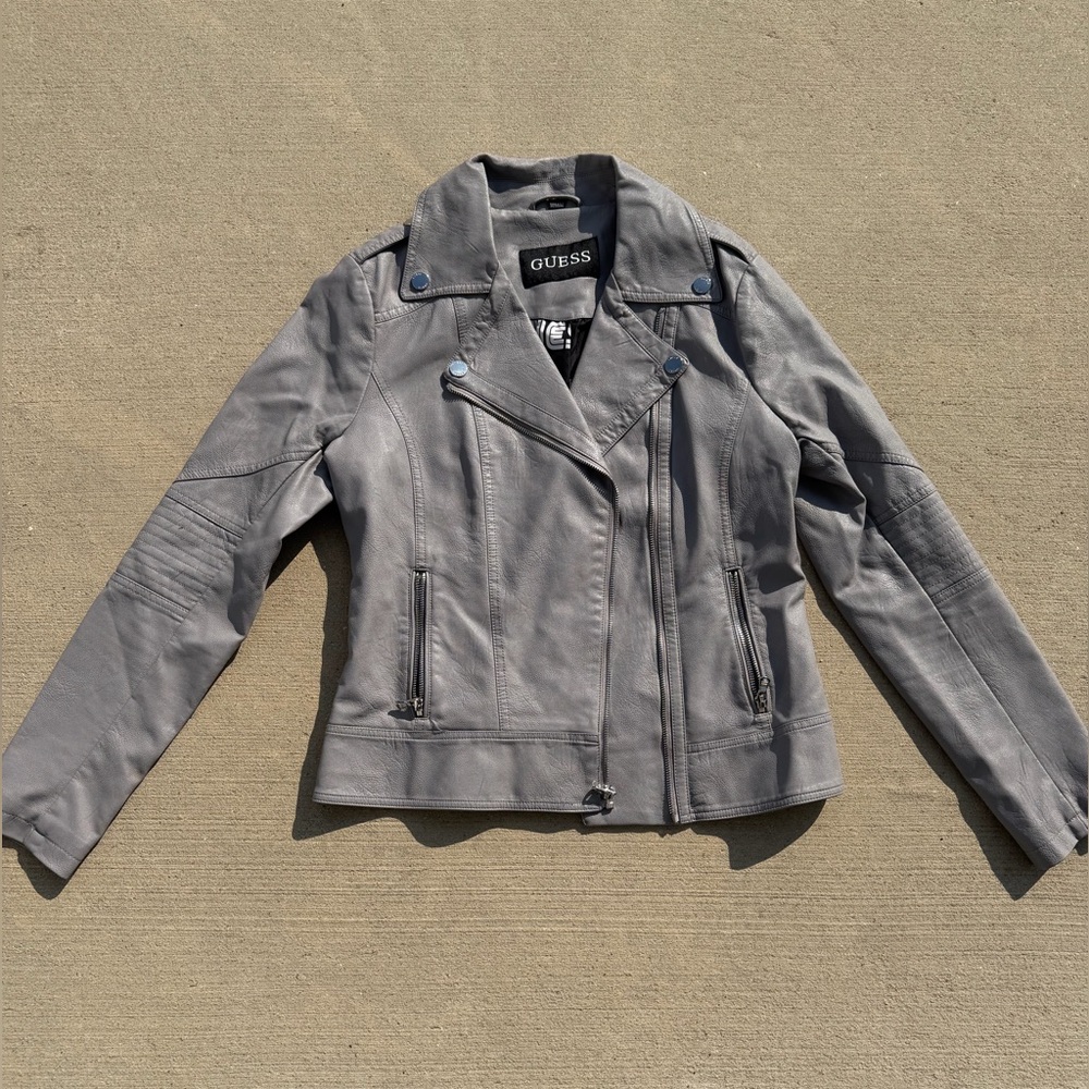 Guess Gray Faux Leather Jacket Womens Medium